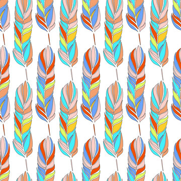 Vector seamless pattern with feathers. Vector endless background. It can be used for fabrics, wallpapers, backgrounds for web pages.
