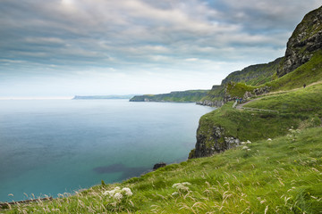 Scenic coastal view along pathway out to Carrick-a-rede rope bridge, Northern Ireland