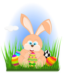 Cartoon easter rabbit on grass holding an easter egg