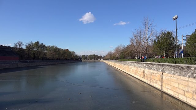 Icy Tongzi River around Forbidden City from the Gate of Divine Migh. Beijing