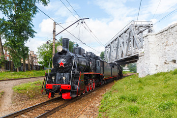 old black steam locomotive in Russia 