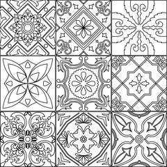 Set of 9 tiles in black and white.