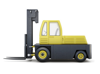 Yellow forklift truck isolated on a white background. 3d rendering.