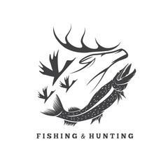 hunting and fishing vintage emblem vector design template