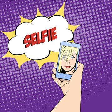 Young woman making "selfie". Illustration in pop-art style. Vector