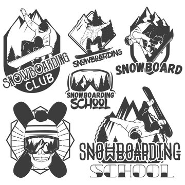 Vector set of snowboard sport labels in vintage style. Snowboarding and outdoor mountain adventure concept illustration. 