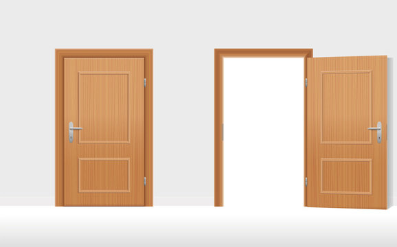 Doors - Two wooden doors, one is closed, the second is open. Vector illustration.