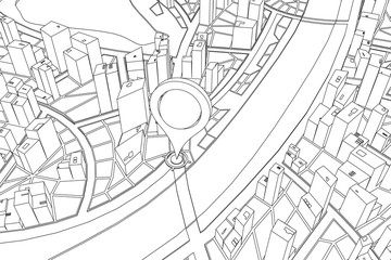 Vector map pin pointer. 3D city.