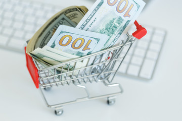 Dollars in the shopping cart on a computer keyboard