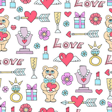 Vector seamless pattern with hand drawn colored symbols of love