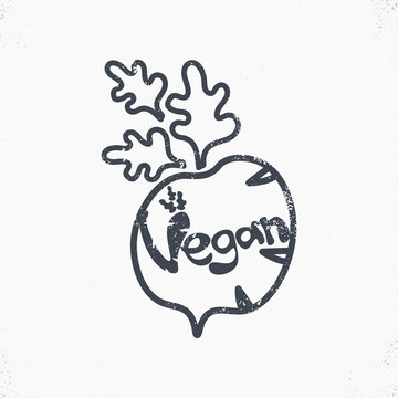 Vintage radish illustration with lettering " vegan". Vector