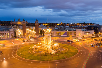 Aerial View on Placa Espanya and Montjuic Hill with National Art Museum of Catalonia, Barcelona, Spain