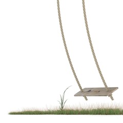 Swing made of rope and a wooden plank over grass ground. 3D render illustration isolated on white background