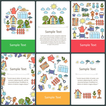 Vector set of colored cards with hand drawn symbols of garden and spring