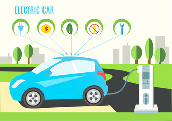 Electric Blue Hybrid Car Charging Illustration on the Road and City Landscape. Icons with plug, money, eco, oil and wrench. Vector flat style infographic.?