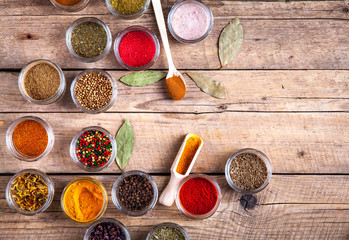 Set of Spices on wood background. Food