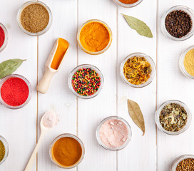 Spices on white wooden background. Food