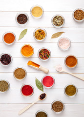 Fototapeta na wymiar Spices on white wooden background. Food