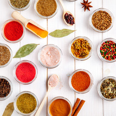 Spices on white wooden background. Food