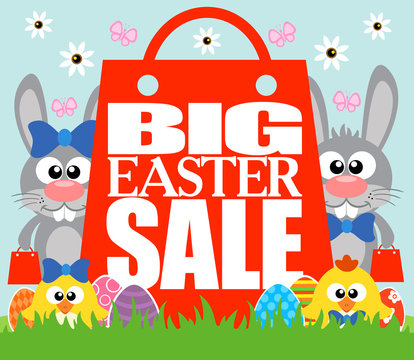 Big Easter Sale with funny chickens and rabbits