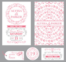 Wedding invitation set.Pink decor,grey swirls