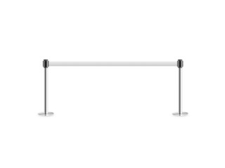 Mobile fence barrier stand isolated on white. Fencing barricade on metal chrome pole posts. Portable protective rack with ribbon stretch tape. Protection fence from crowd. Post fencing barrier belt.