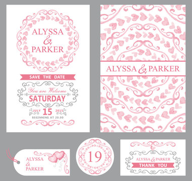 Wedding invitation set.Pink decor,grey swirls