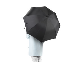 Women stand backwards with black blank umbrella opened mock up isolated. Female person hold grey clear umbel overhead. Plain surface gamp mockup. Man holding protective accesory gingham cover handle.