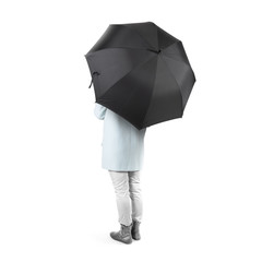 Women stand backwards with black blank umbrella opened mock up isolated. Female person hold grey clear umbel overhead. Plain surface gamp mockup. Man holding protective accesory gingham cover handle. - obrazy, fototapety, plakaty
