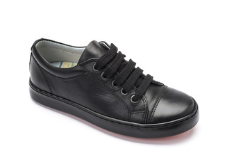 Boys black school shoe on a white background