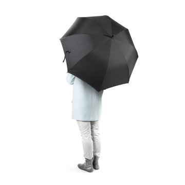 Women stand backwards with black blank umbrella opened mock up isolated. Female person hold grey clear umbel overhead. Plain surface gamp mockup. Man holding protective accesory gingham cover handle.