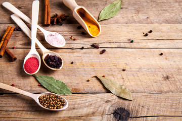Spices on wooden background. With empty space for advertising text
