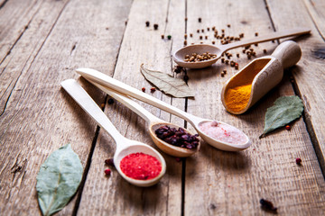 Spices on wooden background. With empty space for advertising text