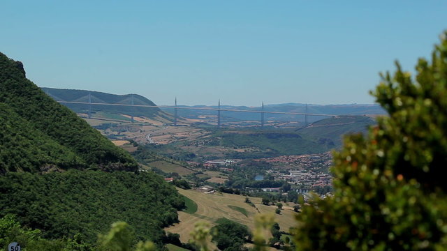 France-Millau Viaduct July 2015: View  from the observation deck on Millau bridge. The bridge is the highest in the world. The height of a tower 343 meters