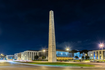 The Marconi obelisk, in the EUR district, Rome, Italy