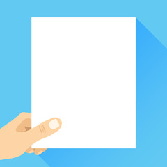 Hand holding blank sheet. White paper A4 without text. Vector illustration