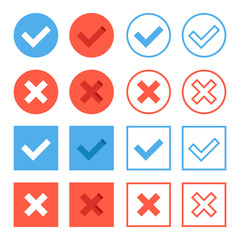 Crosses and check marks icons set. Red and blue web buttons set