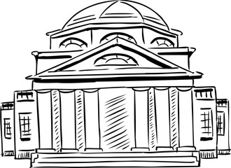 Outlined neoclassical building with obscured doorway