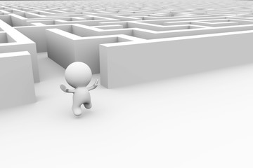 cute white 3d character is very happy about finding the exit out of a huge maze