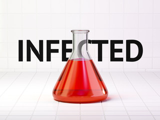 Infected blood liquid in flask and text