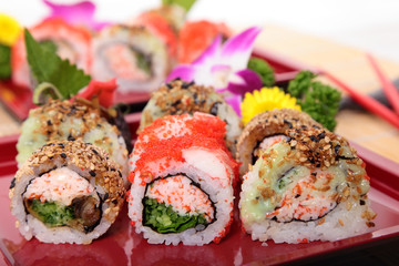 California roll sushi displayed on tray