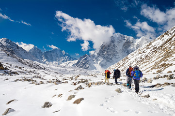Fototapeta na wymiar Trekkers and Sherpas going back from Everest Base Camp