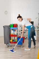 Female Janitor Mopping Wooden Floor