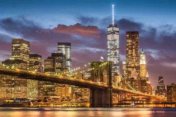 Brooklyn Bridge at twilight time, New York City, USA