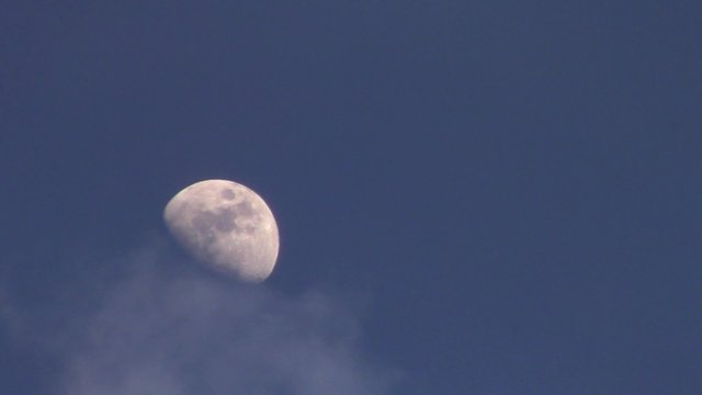 half moon in evening sky with passing clouds