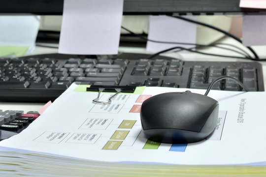 Computer mouse on paperwork,office equipment for working people.