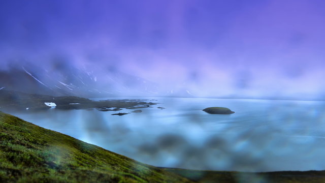 4K TimeLapse. Pending the clouds and rain drops. Langisjor (Langisj&oacute;r) - long lake lifeless edge. Iceland, 15 June 2015