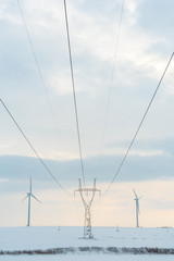 Windmill and powerlines on the field in winter