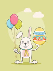 Happy bunny holding easter egg and balloons , Vector Illustration