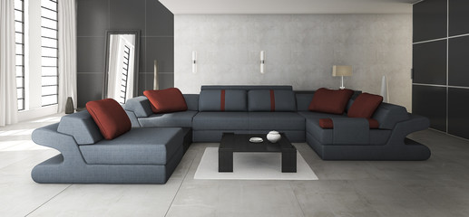3d rendering loft concrete with colorful style sofa and mirror